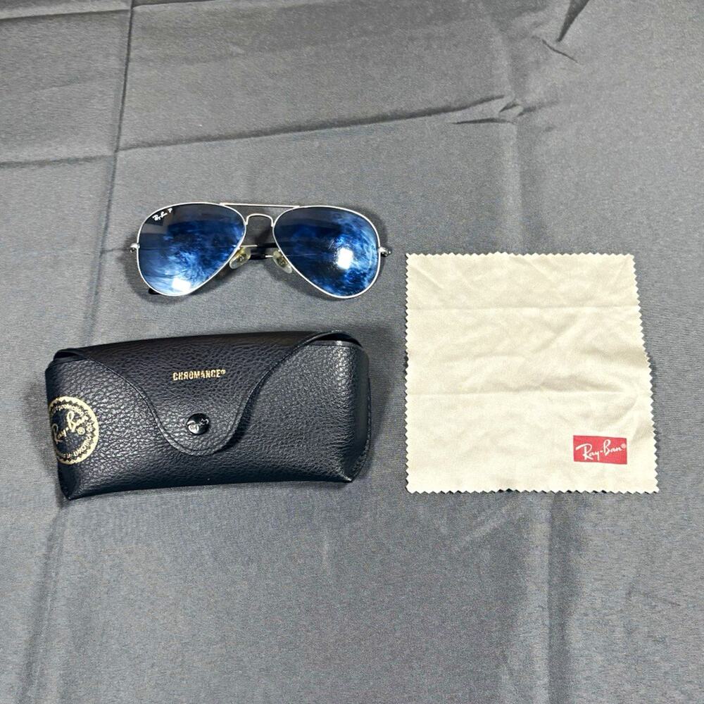 Ray-Ban Aviator Sunglasses Mirrored Blue Glass Lenses Silver Metal Frame w/Case